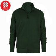 Dark green zip-up jacket with a textured front panel, ribbed cuffs and hem, on a white background; red circular 3B STOK logo in the upper left corner