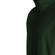 Close-up of a dark green perforated athletic jacket with a high collar and zipper detail on the left chest area.