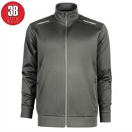 Gray zip-up jacket with stand-up collar, full-front zipper, and zip pockets on the sides. Reflective shoulder accents and ribbed cuffs/hem visible at bottom.