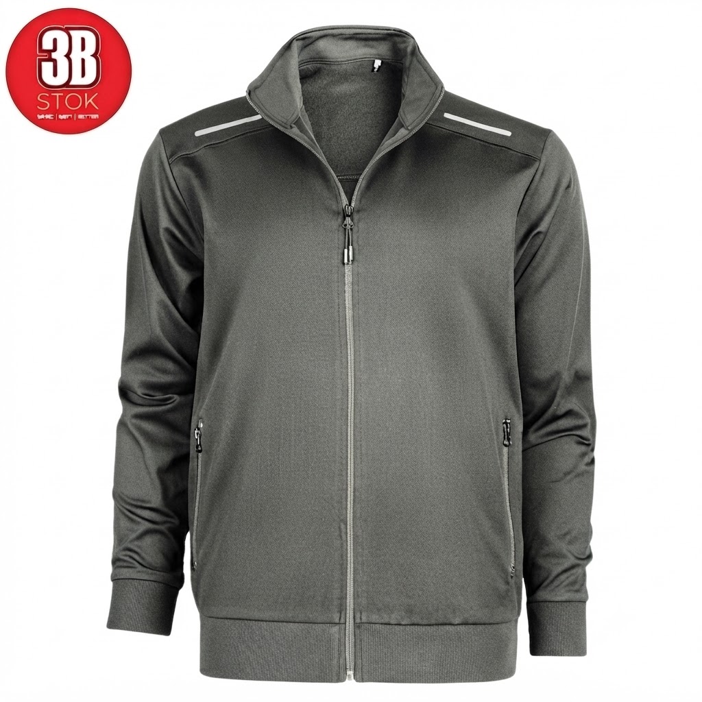 Gray zip-up jacket with stand collar, ribbed cuffs and hem, and two zip pockets on white background.