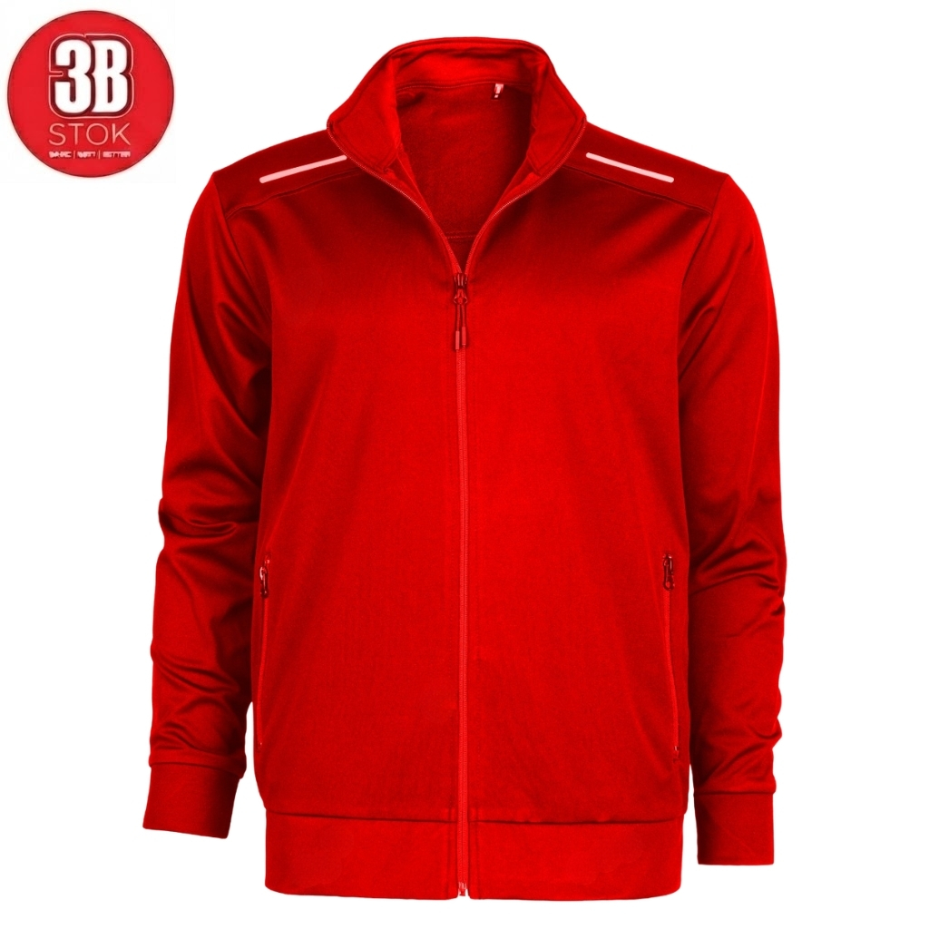 Red zip-up jacket with a stand collar, white shoulder accents, and zip pockets on a white background.