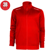 Red full-zip jacket with a stand-up collar, white zip pulls, and zip pockets on each side; plain red fabric throughout.