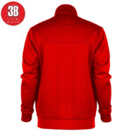 Back view of a bright red bomber jacket with ribbed hem and cuffs, high collar visible on top edge.