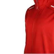 Close-up of a red zip-up jacket with a high collar and front zipper on a white background