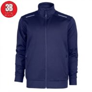 Navy blue zip-up jacket with stand collar, side pockets, and reflective shoulder bands.