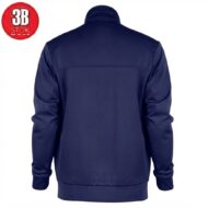Back view of a navy blue bomber jacket with ribbed hem, plain back and long sleeves; red circular logo in the top-left corner.