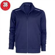 Navy blue zip-up athletic jacket with stand collar, front pockets, and white shoulder accents; red round logo in the top-left corner.