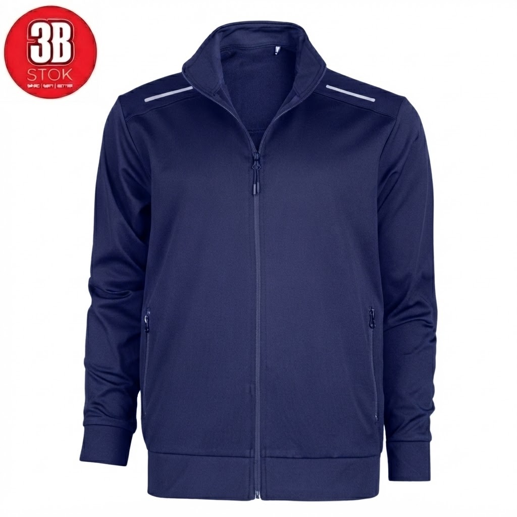 Navy blue zip-up athletic jacket with stand collar, front pockets, and white shoulder accents; red round logo in the top-left corner.