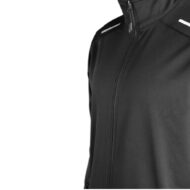 Close-up of a black zip-up jacket with a high collar and white reflective accents on the shoulders.