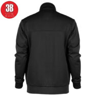 Back view of a black bomber jacket with ribbed hem on a white background; red 3B STOK logo in the corner?