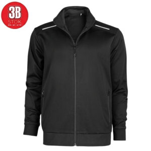 Black zip-up jacket with stand-up collar, two side pockets with zippers, and subtle shoulder reflectors. Red circular logo in top-left corner indicates branding.