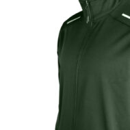 Close-up of a dark green zip-up jacket with a high collar and subtle reflective accents on the shoulders/sides.