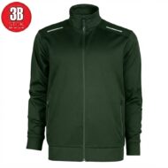 Dark green zip-up jacket with high collar, front zipper, ribbed cuffs and two side pockets with zippers.