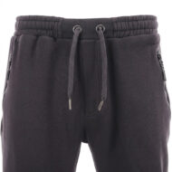 Dark gray sweatpants showing a drawstring waistband with metal aglets and zippered side pockets.