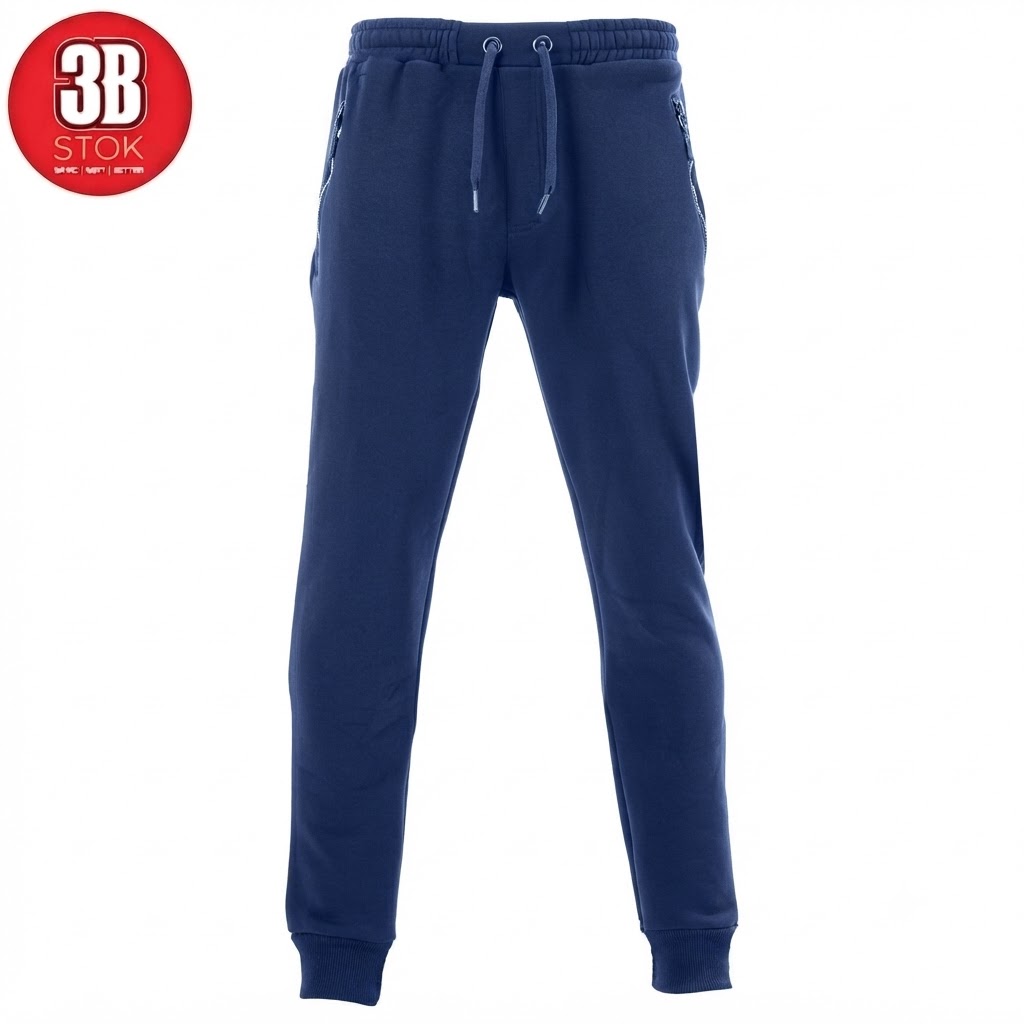 Blue jogger sweatpants with a drawstring waist, front pockets, and ribbed cuffs, shown against a white background with a red circular logo in the top-left corner.