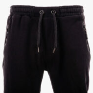 Black jogger pants with a gathered elastic waistband, drawstrings, and zippered side pockets.