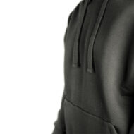 Close-up of a black hoodie with drawstrings and a front pocket visible on the right side of the image.