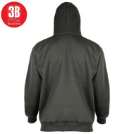 Back view of a dark hoodie with hood up; red circular 3B STOk logo in the top-left corner.