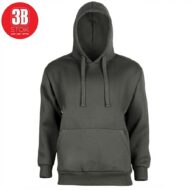 Dark gray hoodie with front kangaroo pocket and drawstring hood, product photo with red circular logo in top-left corner