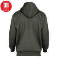 Back view of a dark gray hoodie with hood up, ribbed cuffs and hem, plain design.