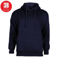 Navy hoodie with front kangaroo pocket, drawstrings, and ribbed cuffs; small red circular logo in the top-left corner.