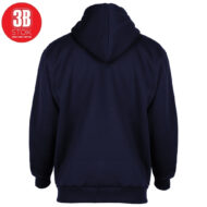 Back view of a navy hoodie with hood up, showing ribbed cuffs and hem. The red circular logo sits in the top-left corner of the image.
