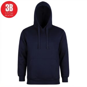 Navy blue pullover hoodie with front pocket and drawstrings on a white background, logo in top-left corner