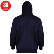 Rear view of a navy hoodie with the hood up, showing ribbed cuffs and waistband on a white background (logo in top-left corner).