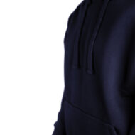 Close-up of a person wearing a navy blue hoodie with drawstrings visible on the chest area.