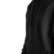 Close-up of a person wearing a black hoodie, showing the drawstrings and front pocket against a white background.