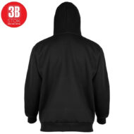 Back view of a plain black hoodie with hood up, ribbed cuffs and hem, brand logo in a red circle at the top-left corner