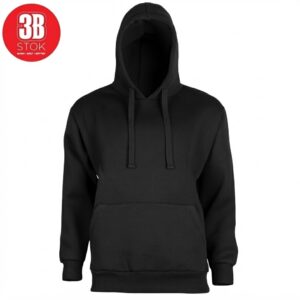 Black pullover hoodie with front kangaroo pocket and drawstring hood on white background; logo in top-left corner remains visible.