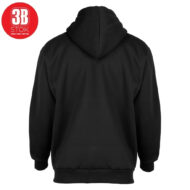 Back view of a plain black hoodie with a hood, long sleeves, and ribbed cuffs and hem.