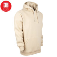 Beige hoodie with a front kangaroo pocket, drawstring hood, and ribbed cuffs on a plain background (product photo).