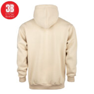 Beige hoodie shown from the back with a hood, ribbed cuffs and hem, plain design on a white background.