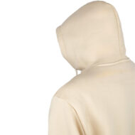 Back view of a person wearing a cream-colored hoodie with hood up, shown from the shoulders up or behind the head area on a white background.