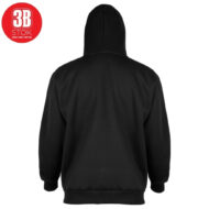 Back view of a plain black hoodie with the hood up and ribbed cuffs and hem.