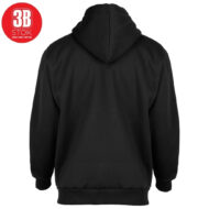 Back view of a black hoodie with ribbed cuffs and waistband.