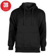 Black hoodie with front pocket and drawstrings, plain design; red 3B logo in top-left corner.