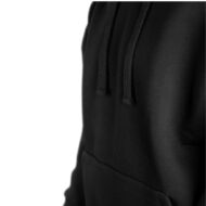 Close-up of a black hoodie with drawstrings hanging over the chest area.