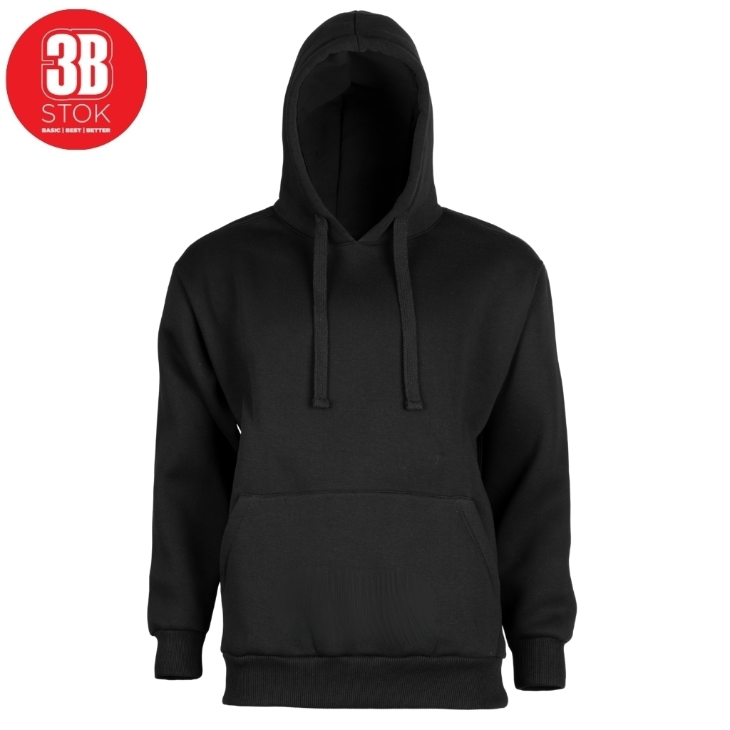 Black hooded sweatshirt with front kangaroo pocket, drawstrings, and ribbed cuffs/hem on a white background.