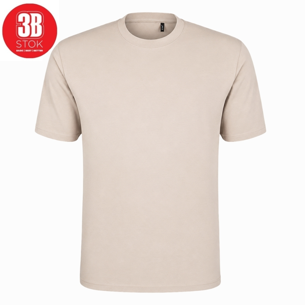 Beige crew-neck short-sleeve T-shirt on a white background with a red 3B Stok logo in the top-left corner