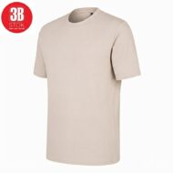 Beige short-sleeve T-shirt on white background with a red 3B Stock logo in the top-left corner, front view.