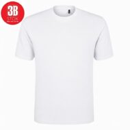 Plain white crew-neck t-shirt on a white background with a red circular 3B STOK logo in the top-left corner