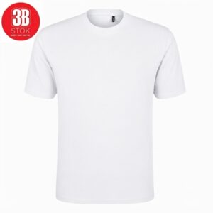Plain white crew-neck t-shirt on a white background with a red circular 3B STOK logo in the top-left corner