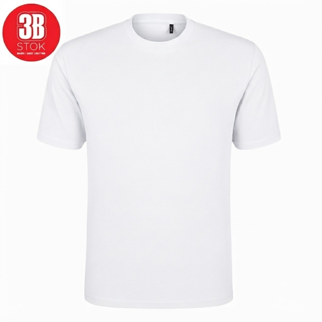 Plain white crew-neck t-shirt on a white background with a red circular 3B STOK logo in the top-left corner