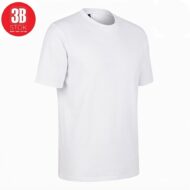 White short-sleeve crew-neck T-shirt on a white background with a red circular logo in the upper-left corner.