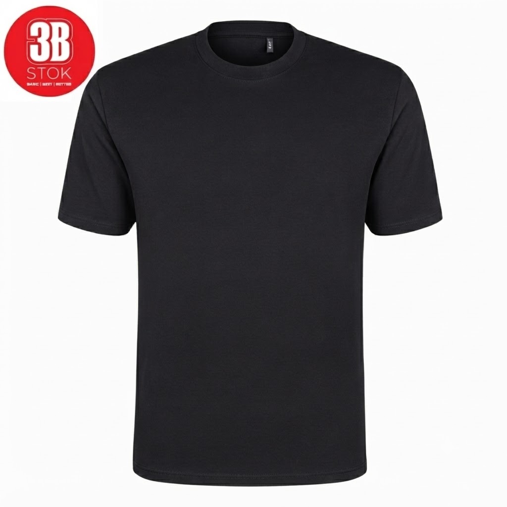 Black crew-neck short-sleeve T-shirt on a white background with a red circular 3B STOK badge in the upper-left corner.