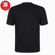 Back view of a plain black short-sleeve T-shirt, with a red round logo watermark in the top-left corner.
