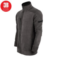 Gray zip-up fleece jacket with stand-up collar and chest zip pocket, shown from the side; red brand logo in the top-left corner.